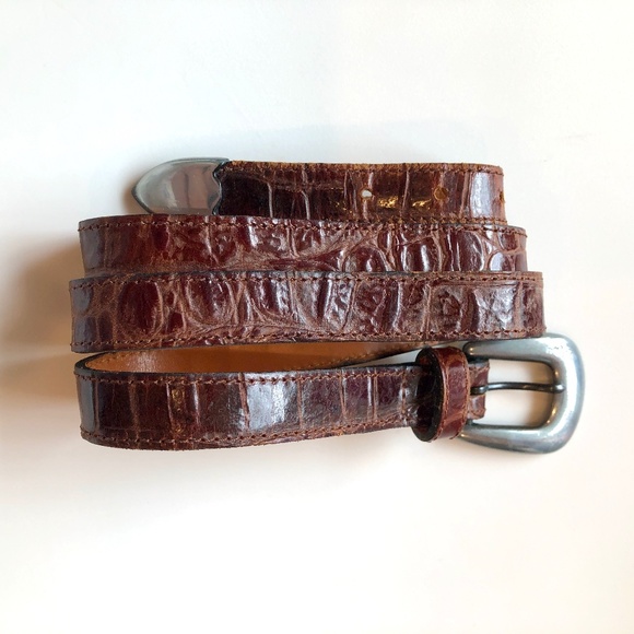 🎉HP🎉 JOAN & DAVID Brown Leather Croc Embossed Belt Silver Buckle + Tip Vintage - Picture 1 of 15